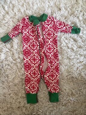 Red Floral Print Baby One-Piece with Green Trim